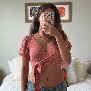 American Eagle Orange Floral Wrap Top